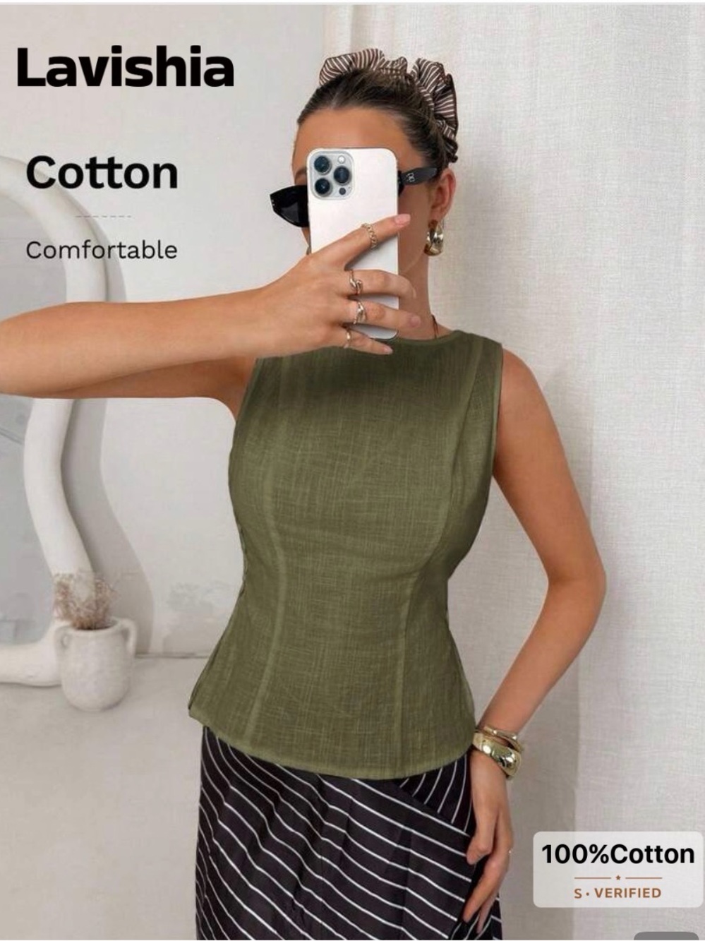 Lavish Olive Green Sleeveless Cotton Top
